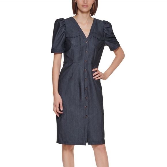 Calvin Klein Denim chambray Puff-sleeve Sheath Dress In Blue medium - Picture 1 of 7